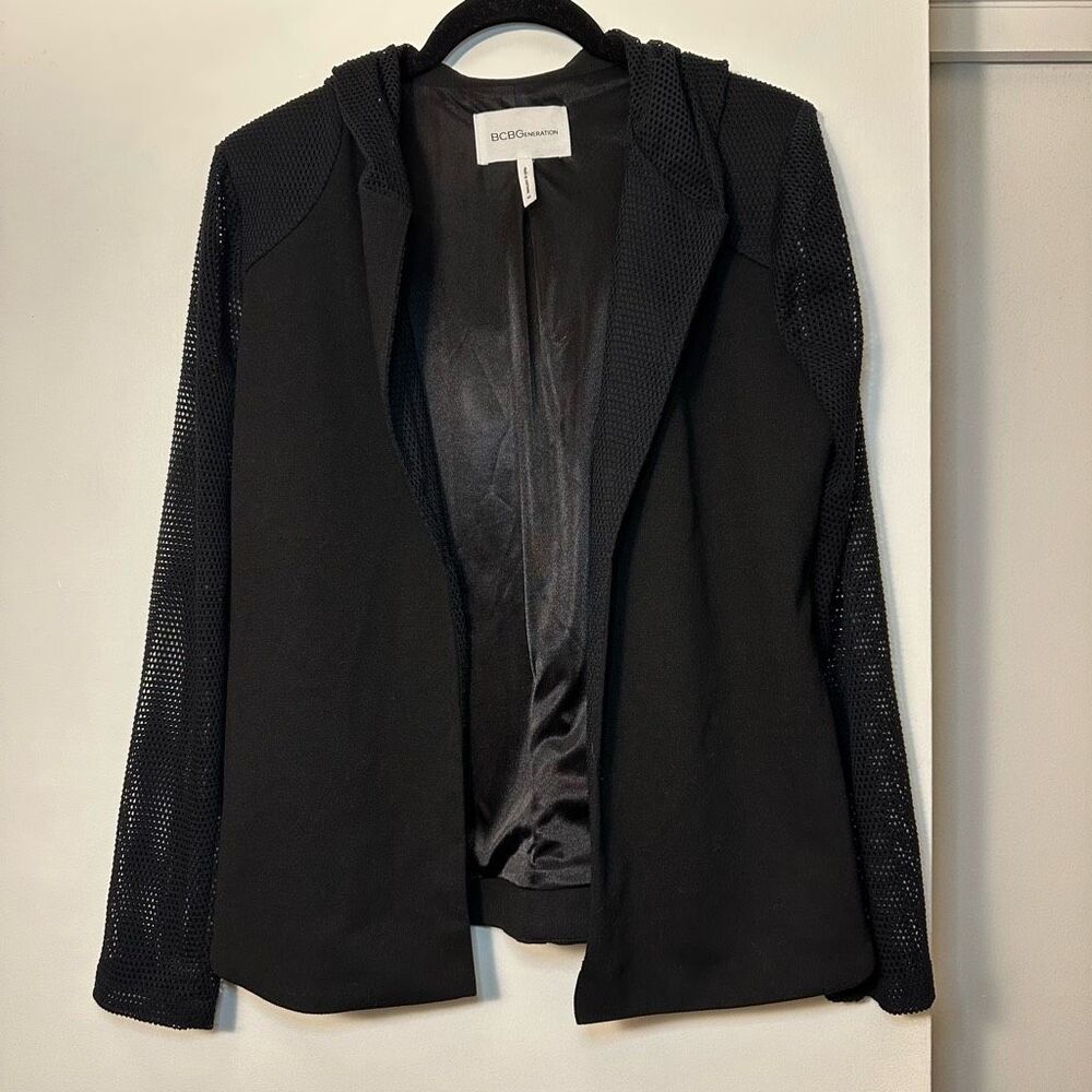 BCBGeneration Medium Open Front Women’s Hoodie Mesh Panel Solid Black EUC